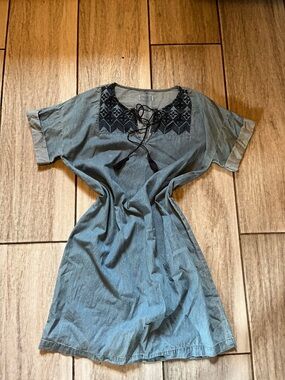 Embroidered Chambray Tunic Dress in Dusty Blue